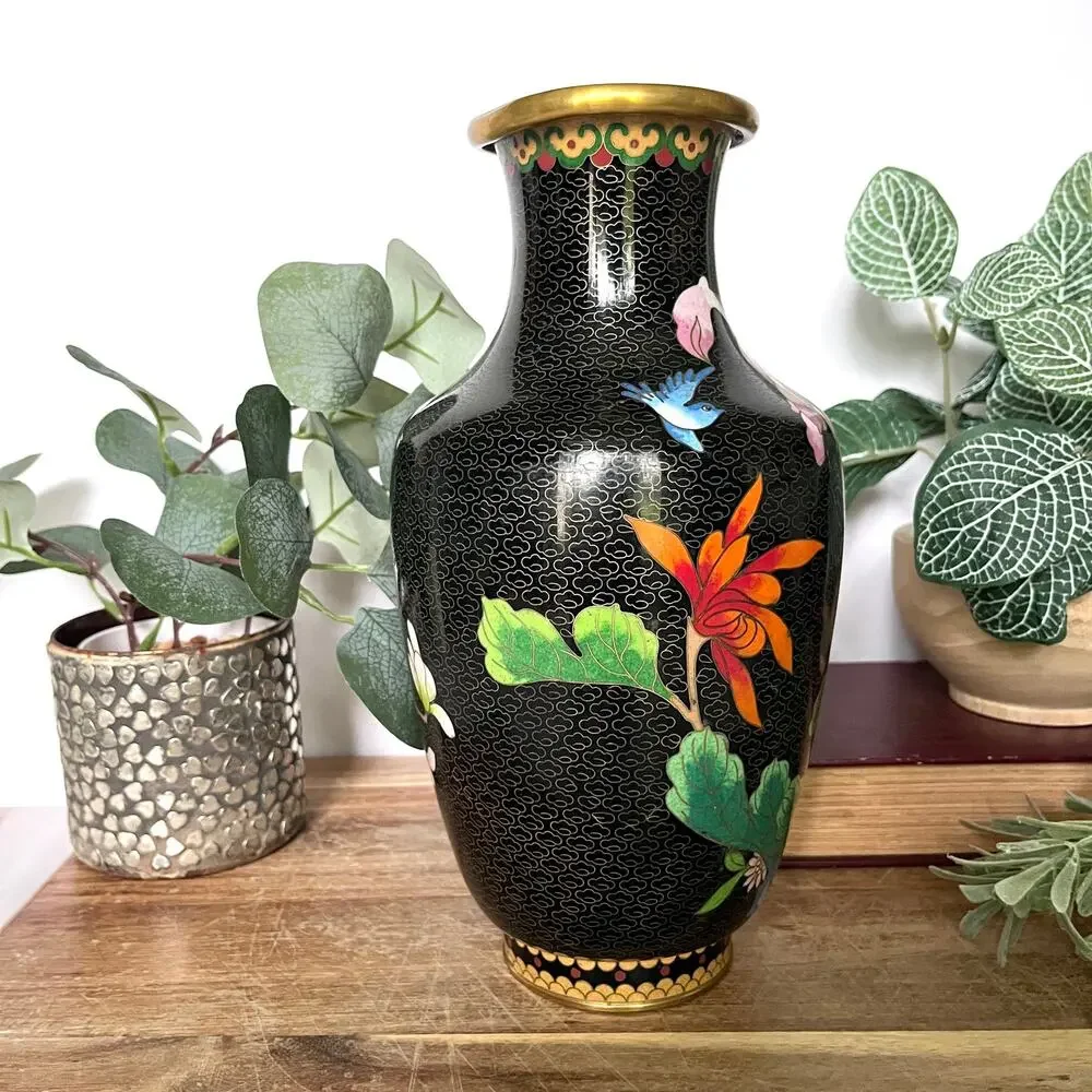 Vintage Chinese Cloisonne Lotus Flower Floral Botanical Bird Vase 10